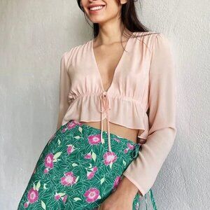 Aritzia Sunday Best Blue Tie Front Cropped Blouse